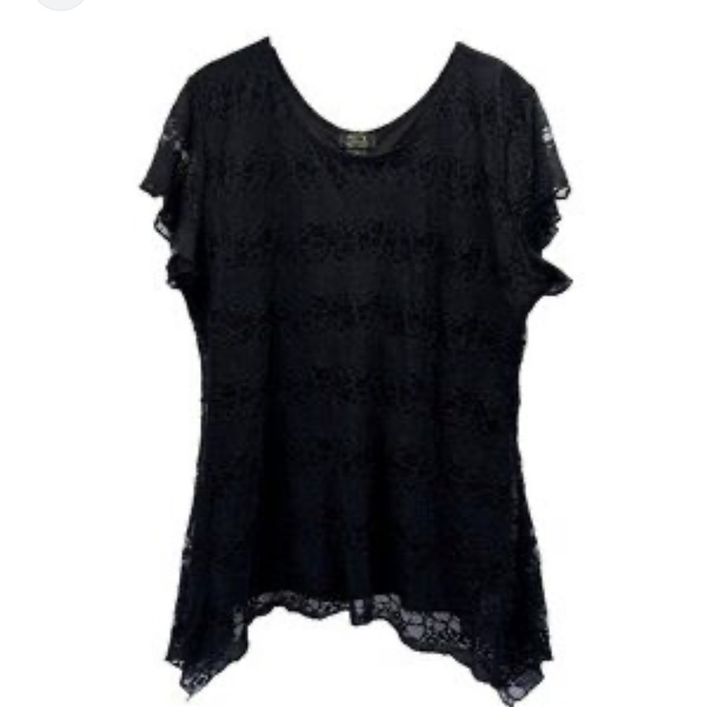 Shannon Ford Black Lace Tunic Top Short Sleeve Boho Lagenlook Size Medium